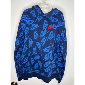 Nike Youth All Over Print Logo Swoosh Hoodie Sweatshirt Blue ~ Size L
